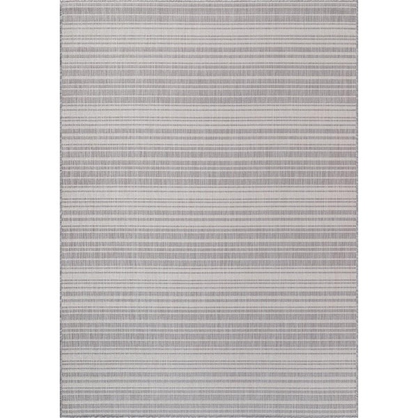 Gray 9 ft. x 12 ft. Striped Washable Modern Indoor Outdoor Area Rug