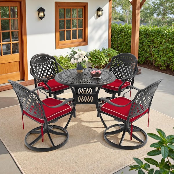 Willit Isabella 5-Piece Cast Aluminum Patio Outdoor Dining Set with Round Dining Table, 4 Swivel Chairs and 4 Red Cushions