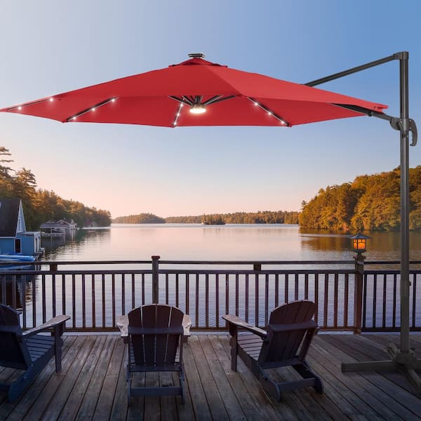 JOYESERY 10 ft. Solar LED Red Cantilever Patio Umbrella with Cross Base, Outdoor Offset Hanging 360°