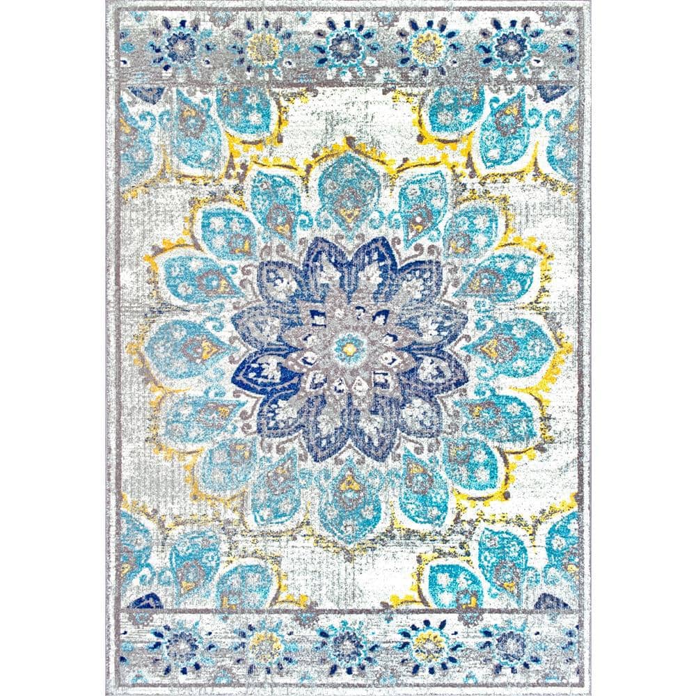 Blue Floral Synthetic 4' x 6' Rectangular Area Rug