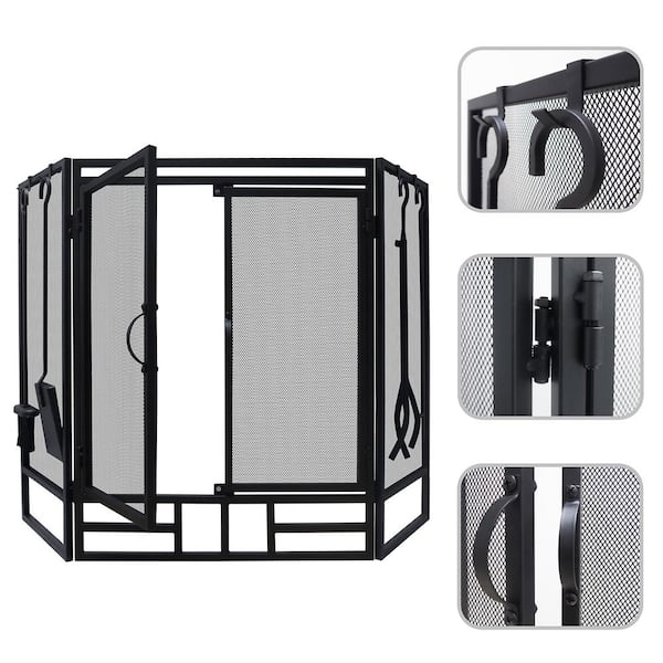 cenadinz 48.5 in. x 31 in. Iron Three-Panel Folding Fireplace Screen with 4 Pieces Fireplace Tools Set Black