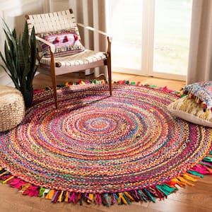 Braided Red/Multi Doormat 3 ft. x 3 ft. Round Solid Area Rug