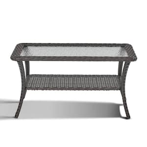 Brown Rectangle Wicker Outdoor Glass Side Table