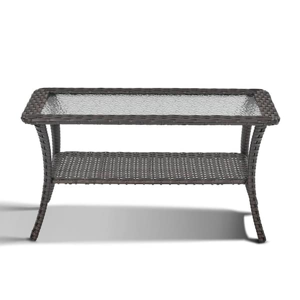 Pocassy Brown Rectangle Wicker Outdoor Glass Side Table