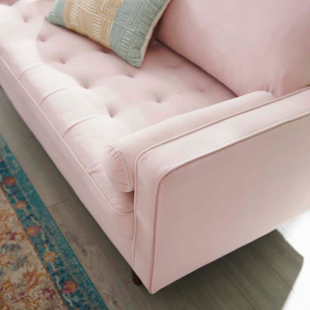 Pink Velvet Tufted Loveseat with Walnut Wood Legs
