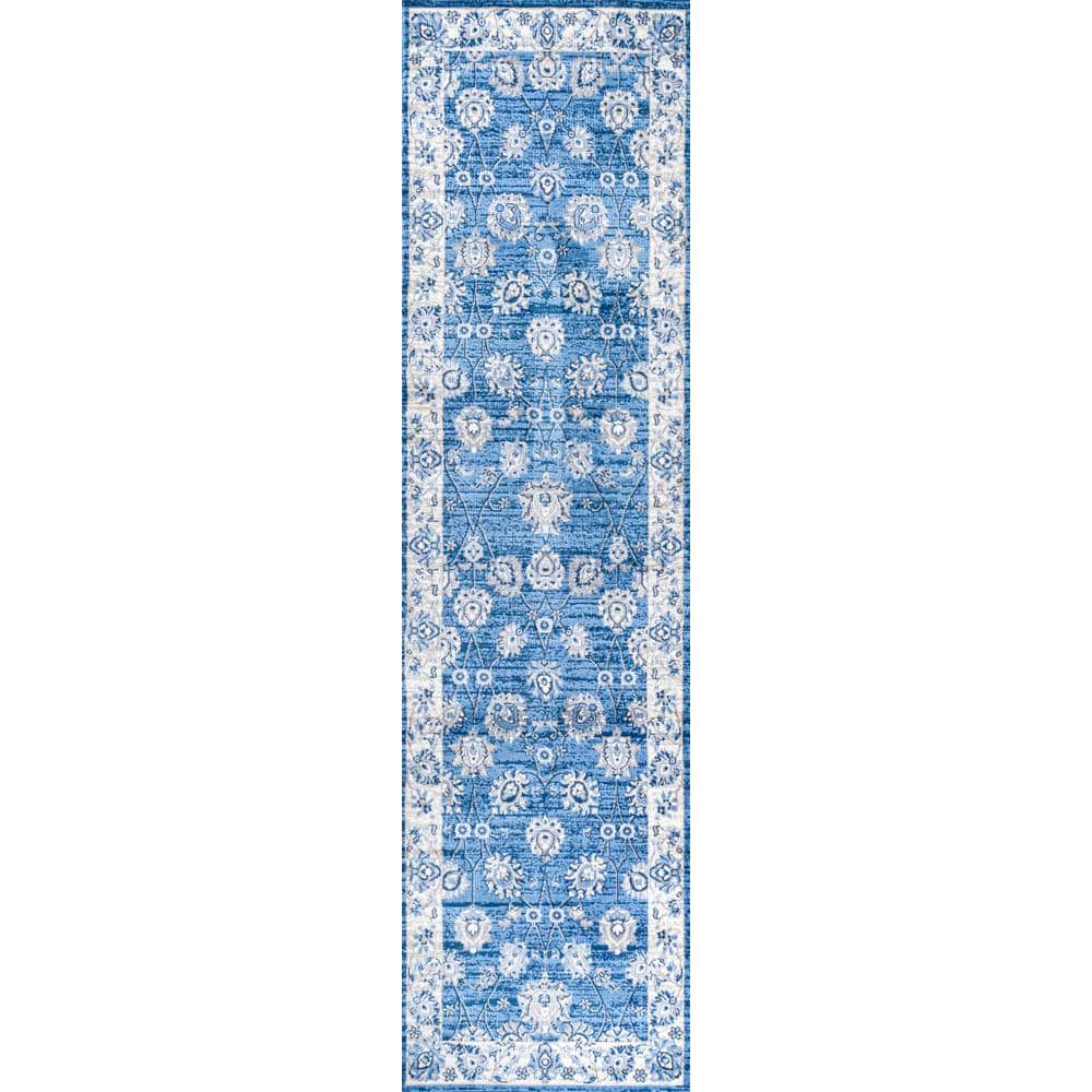 Blue and Ivory Floral Synthetic Runner Rug