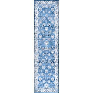 Modern Persian Vintage Moroccan Traditional Blue/Ivory 2 ft. x 10 ft. Runner Rug