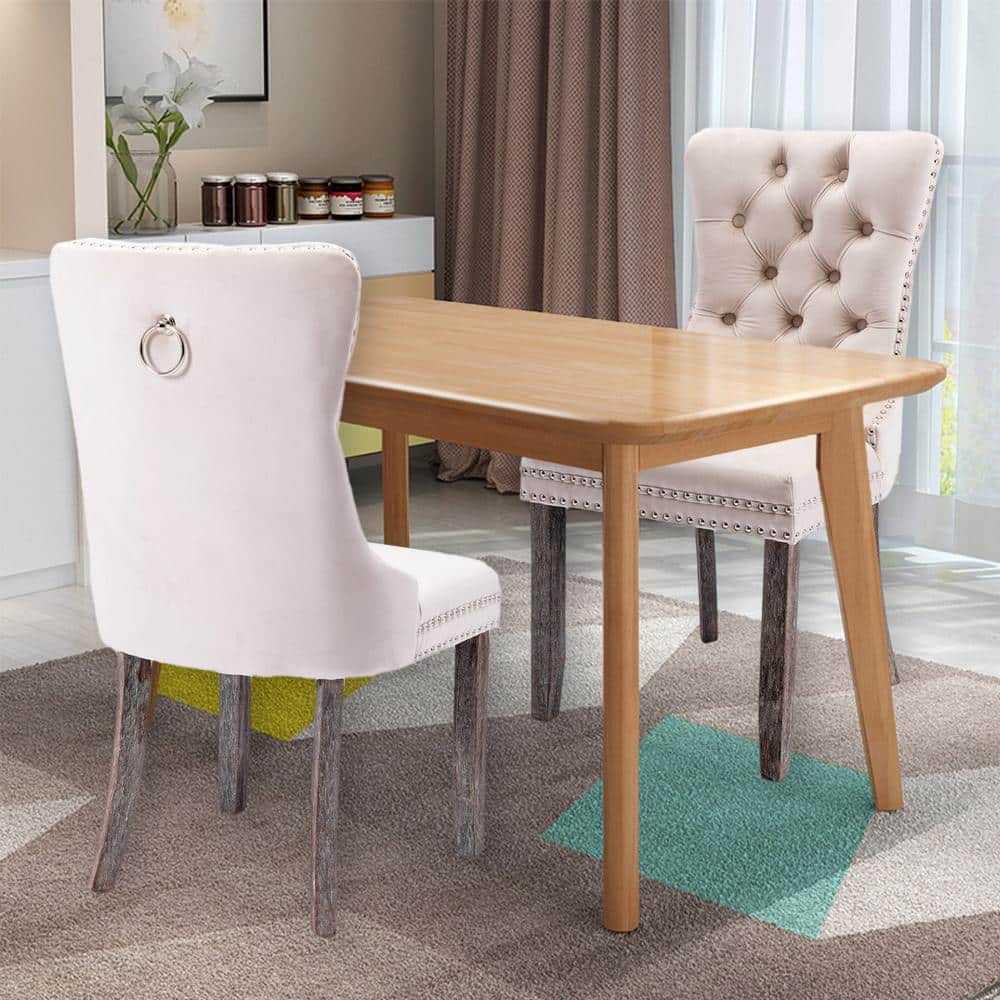 Beige Velvet Upholstered High Back Side Chairs with Wood Legs