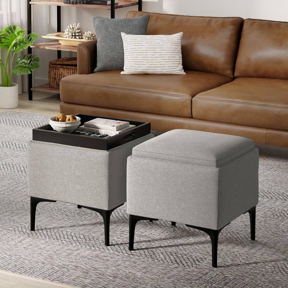 Cloud Grey Polyester Linen Storage Ottoman with Tray