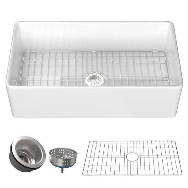 grossag 33 in. Farmhouse/Apron-Front Single Bowl White Fireclay Kitchen with Bottom Grids and Strainer Basket