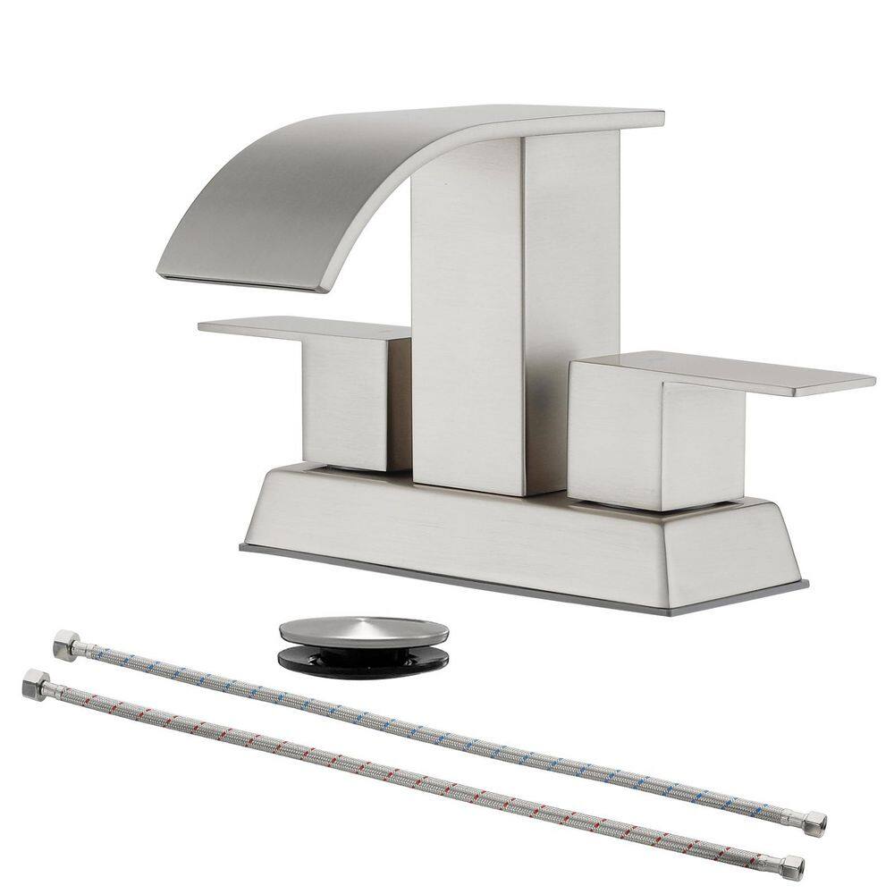 4 in. Centerset Double Handle Waterfall Bathroom Faucet with Drain Kit, Squ
