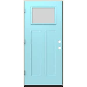 36 in. x 80 in. Right-Hand 1/4 Lite Craftsman Blanca Frosted Glass Caribbean Blue Fiberglass Prehung Front Door