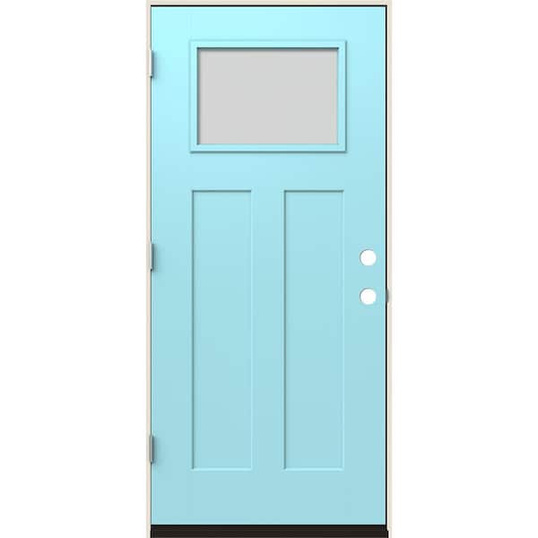 36 in. x 80 in. Right-Hand 1/4 Lite Craftsman Blanca Frosted Glass Caribbean Blue Fiberglass Prehung Front Door