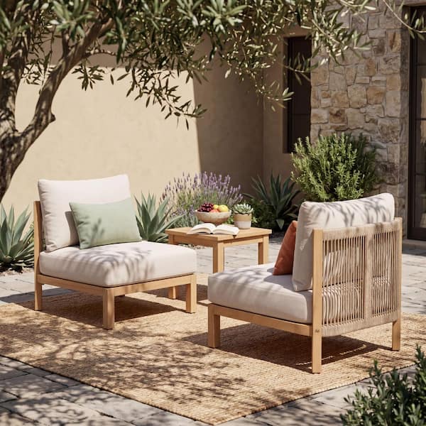 Wood Outdoor Lounge Chair Patio Club Chair with Beige Cushion Perfect for Indoor and Outdoor Relaxation (Set of 2)