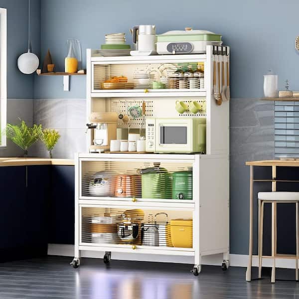 White 64 in. H Metal Pantry Organizer with Doors and Swivel Wheels