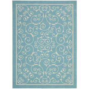 Home & Garden Light Blue 4 ft. x 6 ft. Bordered Transitional Indoor/Outdoor Area Rug