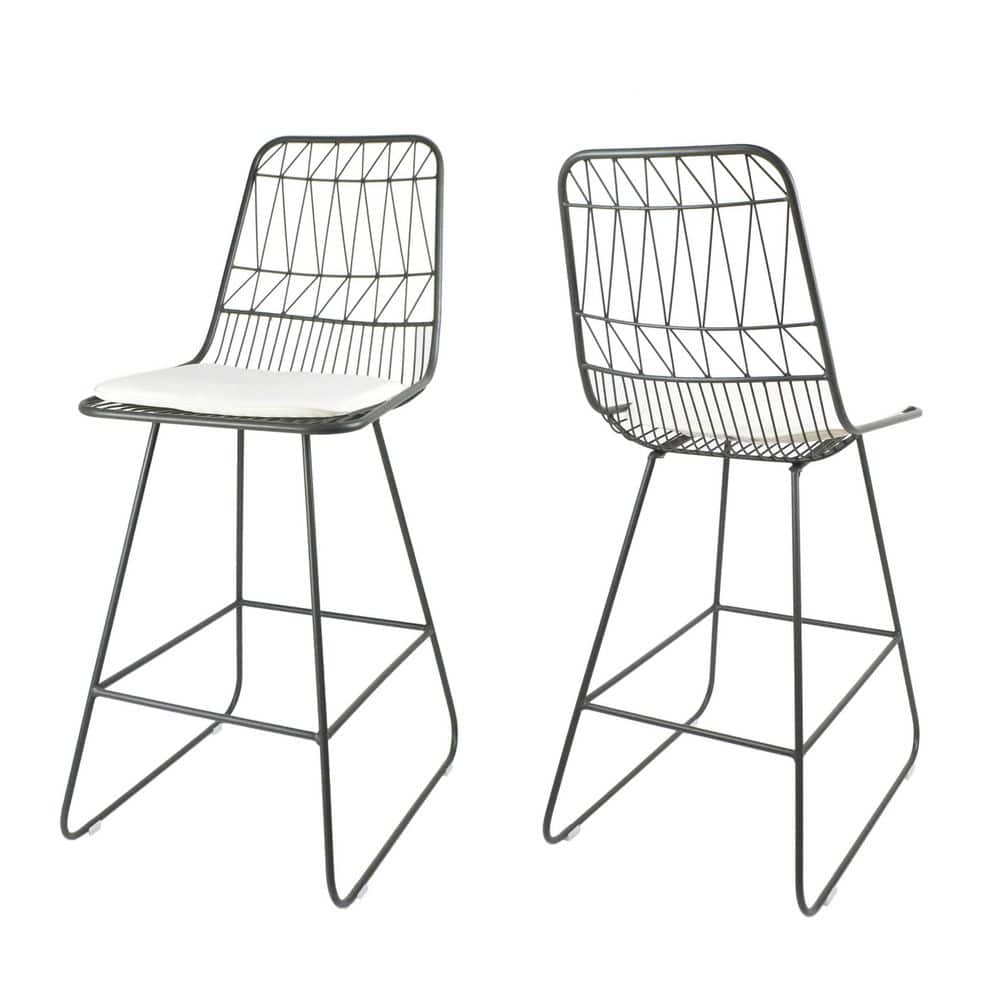 Grey Metal Outdoor Bar Stools with Ivory Cushions for Patio, Garden, (Set o