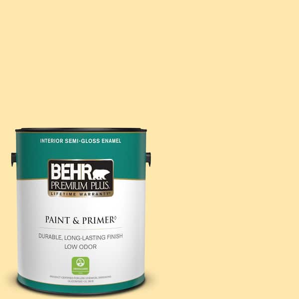 BEHR PREMIUM PLUS 1 gal. #350B-4 Lemon Souffle Semi-Gloss Enamel Low Odor Interior Paint & Primer