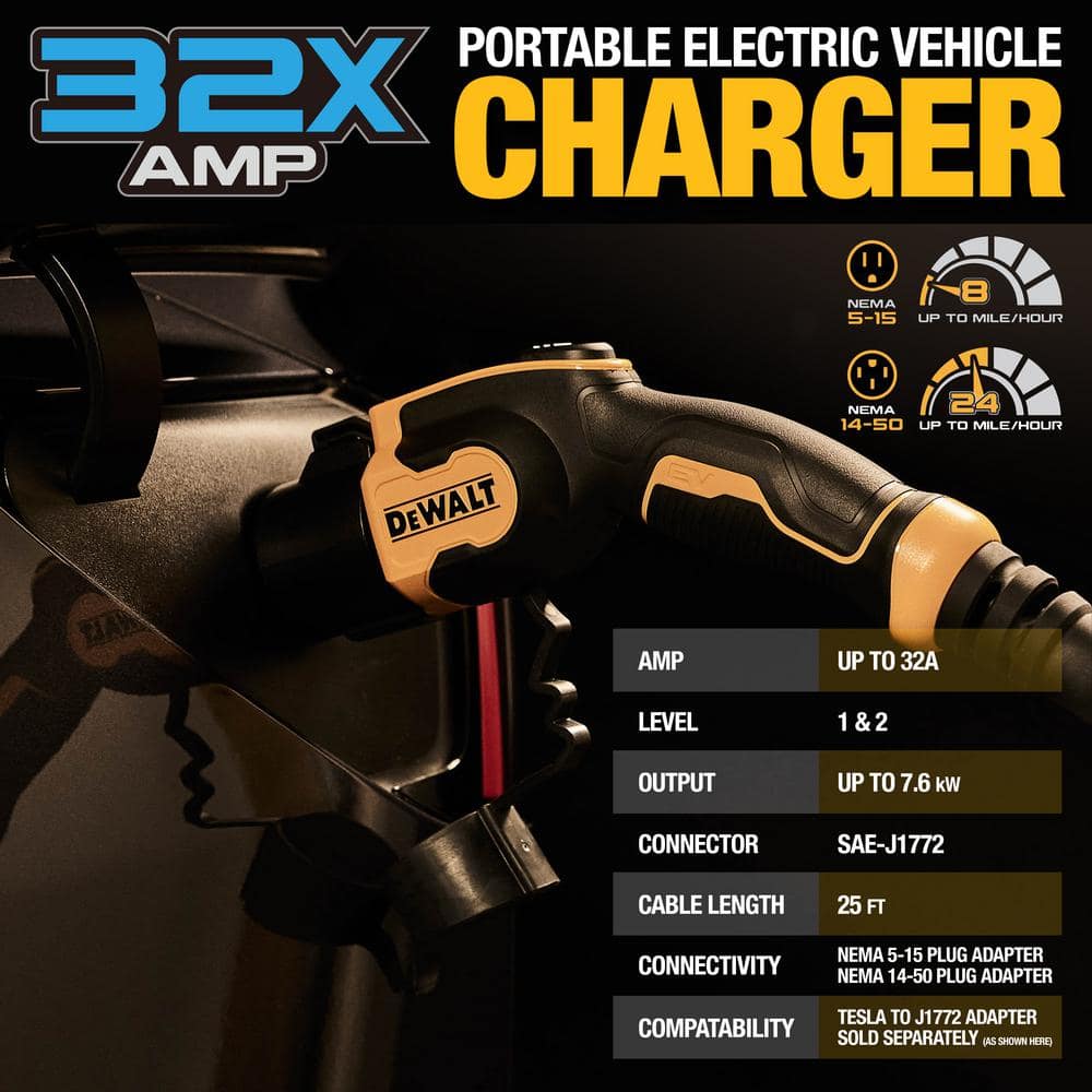 DEWALT Yellow and Black Portable Level 2 Electric Vehicle Charger with 25 ft Cable