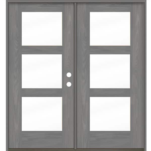 Modern 72 in. x 80 in. 3-Lite Left-Active/Inswing Clear Glass Malibu Grey Stain Double Fiberglass Prehung Front Door