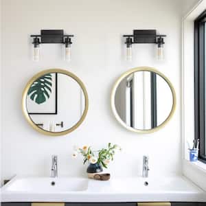14.5 in. 2-Light Matte Black Farmhouse Bathroom Mirror Vanity Light with Clear Glass Shades