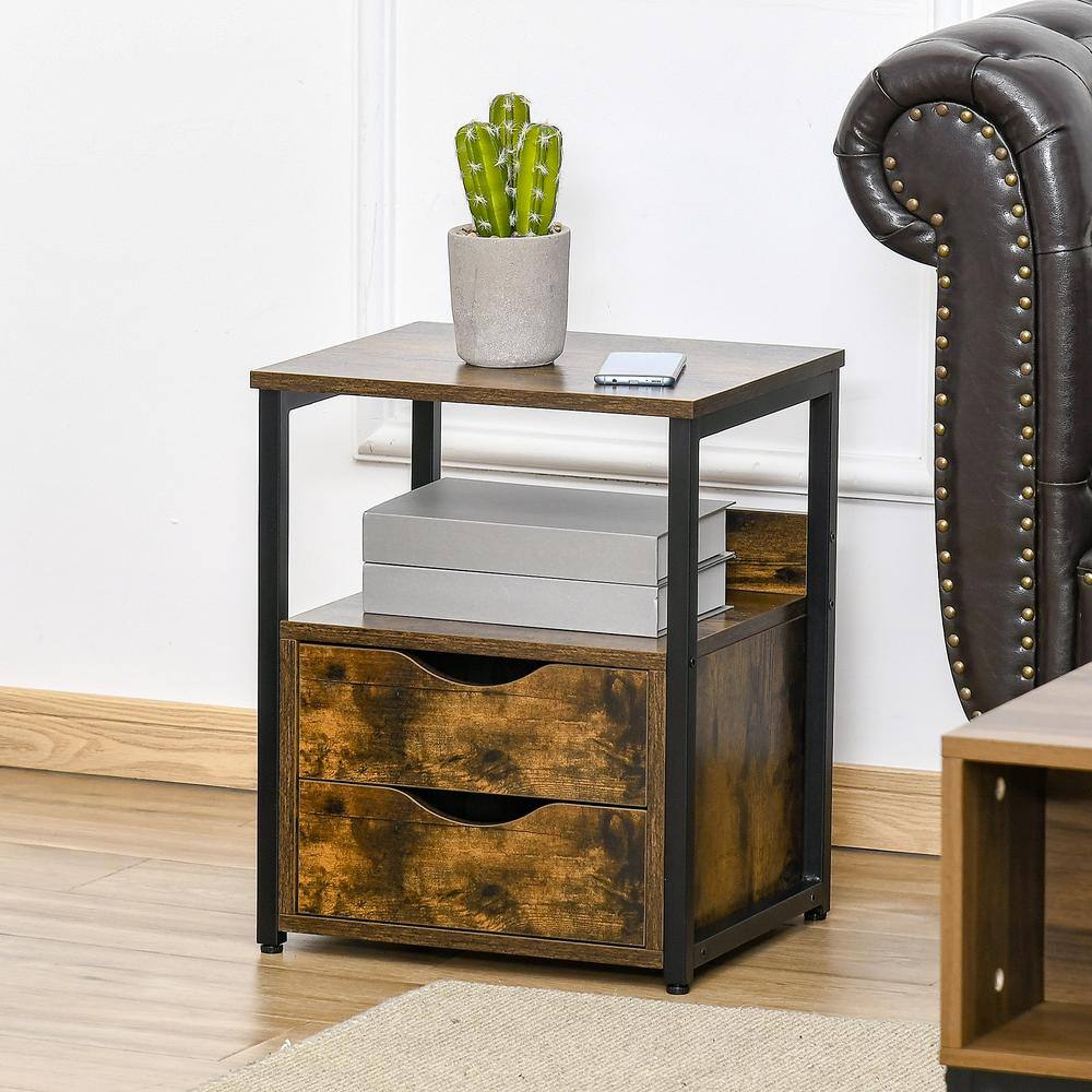 Rustic Brown Wood and Black Steel Side Table with Storage Drawers