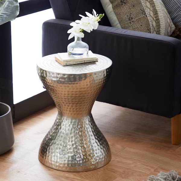 Litton Lane 14 in. Silver Hammered Medium Round Metal End Table with Hourglass Shape