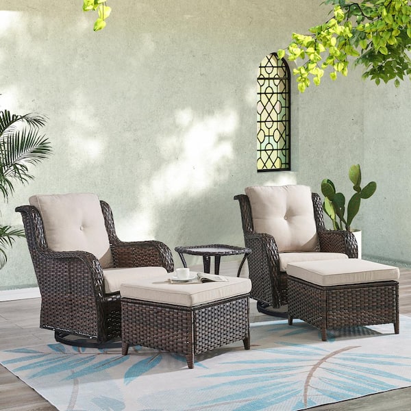 Opohoro ArcoBay 5-Piece Brown Wicker Outdoor Rocking Swivel Chairs Patio Conversation Set with Beige Cushions and Ottomans