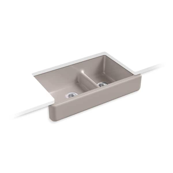 KOHLER Whitehaven 36 in. Farmhouse/Apron-Front Double Bowl No Gauge Truffle Cast Iron Kitchen Sink Only and Mounting Hardware