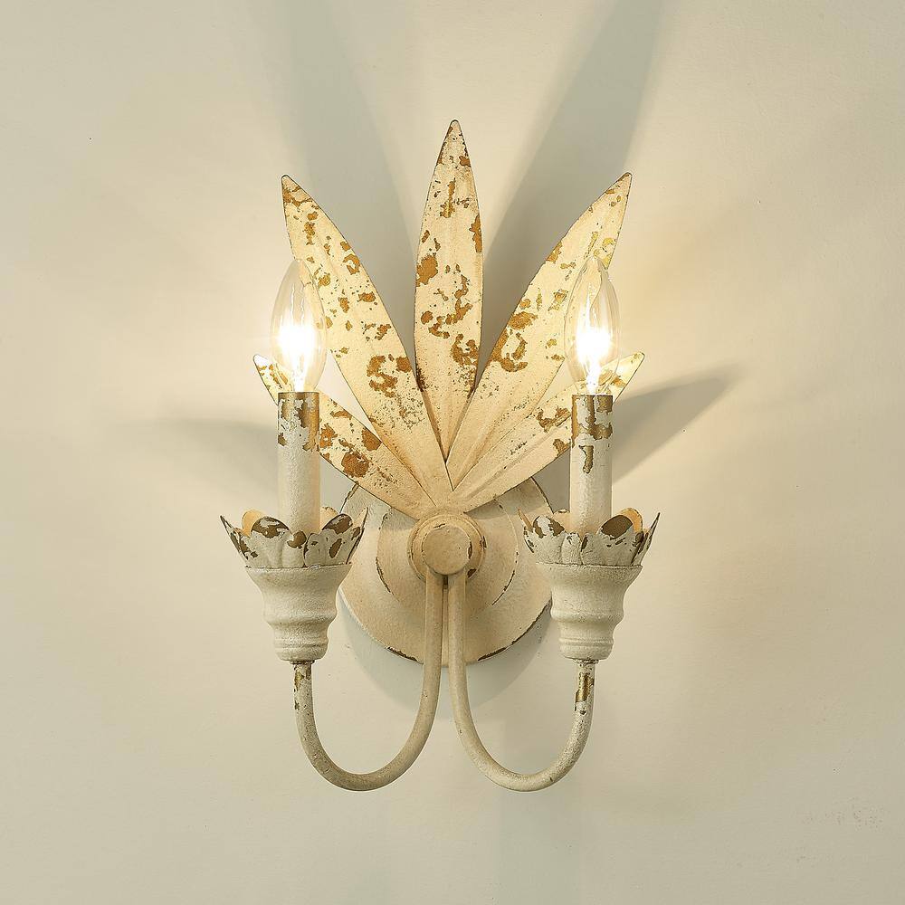 Antique White Metal Palm Frond 2-Light Wall Sconce