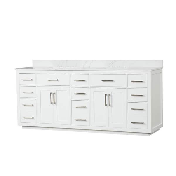 WELLFOR 84 in. W x 22 in. D x 36 in. H Double Sink Freestanding Bath Vanity in White with White Quartz Top