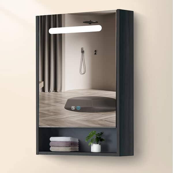 Getpro 21 in. W x 30 in. H LED Rectangular Black Wood Surface Mount Medicine Cabinet with Mirror Defogging