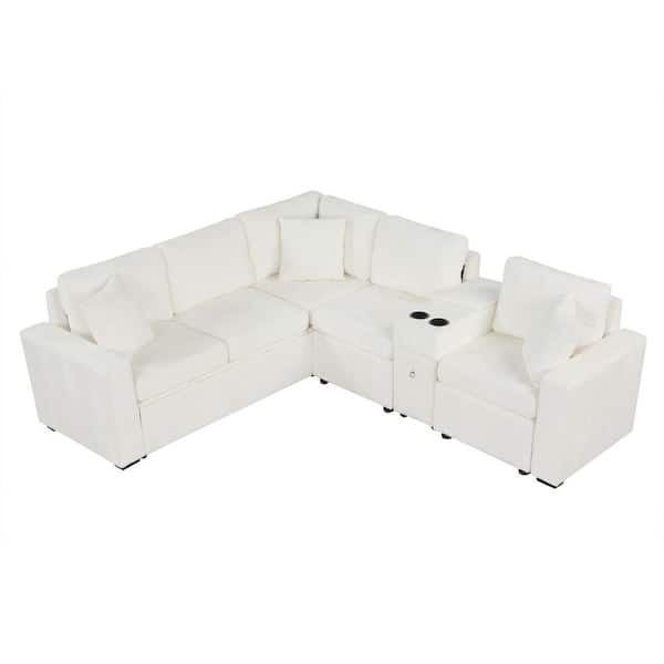 Qualler 120.5 in. Chenille L-shaped Sectional Sofa in. White with Pull-Out Bed and Cup Holders