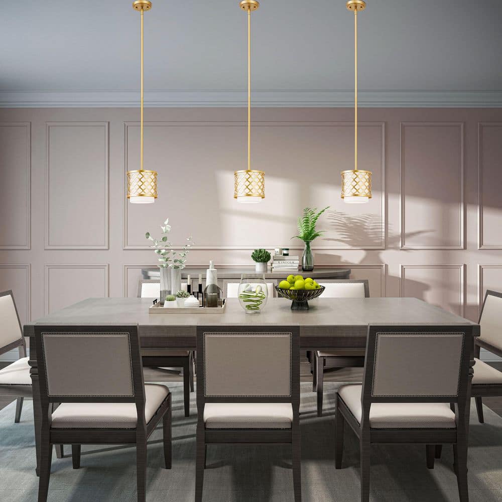 Arabesque Soft Gold Mini Pendant with Off-White Fabric Shade
