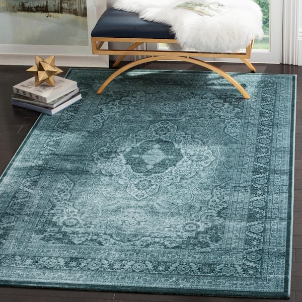 Vintage 9 ft. x 12 ft. Light Blue/Dark Blue Ornate Medallion Floral Area Rug