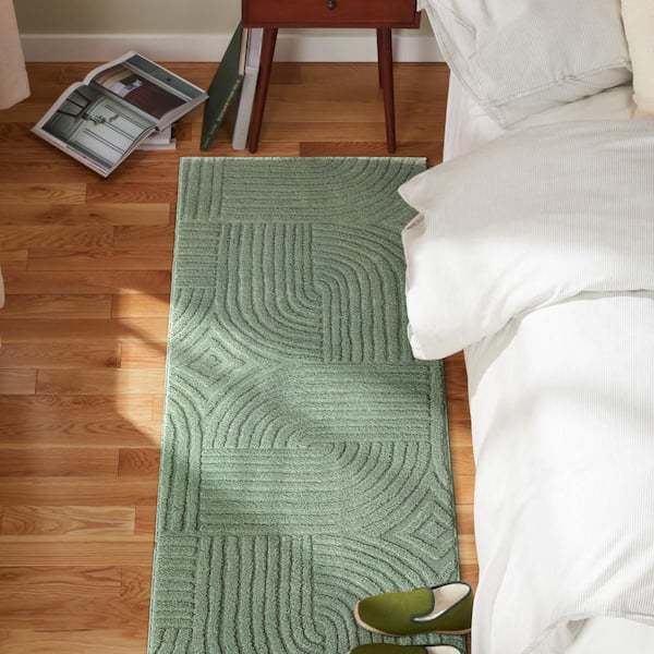 2 ft. x 7 ft. Sage Green Stone Geo Curve Washable Indoor Runner Rug