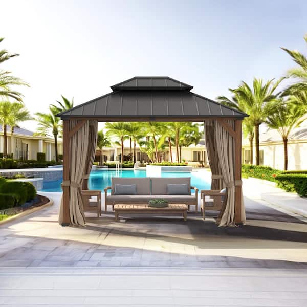 LUE BONA Grant 10 ft. x 12 ft. Brown Hardtop WoodGrain Aluminum Outdoor Gazebo With Galvanized Steel Double Roof Curtain Netting
