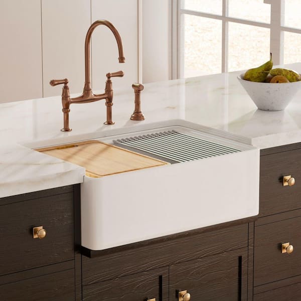 30 in. x 20 in. Reversible Fireclay Workstation Kitchen Sink in Farmhouse Design w/ Deep Single Bowl and Key Accessories