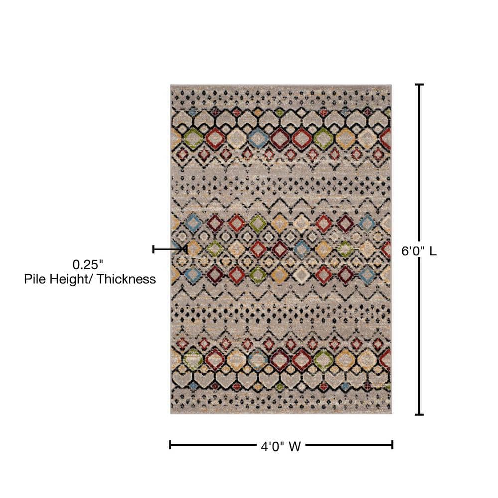 Light Grey and Multicolor Geometric 4' x 6' Synthetic Area Rug