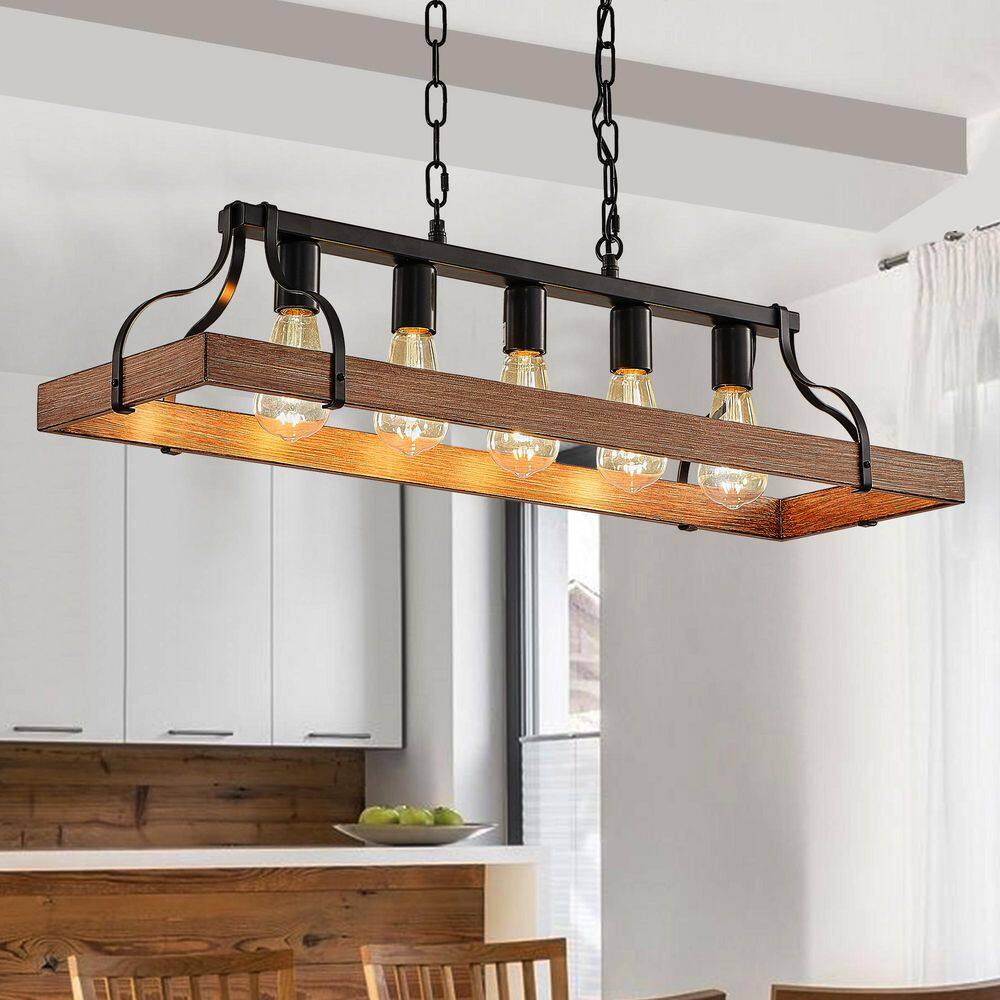 33.7 in. Black and Faux Wood Grain Pendant Light, 5 E26 Bulb Sockets, Adjus