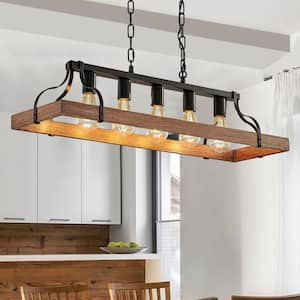 33.7 in. Black and Faux Wood Grain Pendant Light, 5 E26 Bulb Sockets, Adjustable Chain Height for Dining Room-Walnut