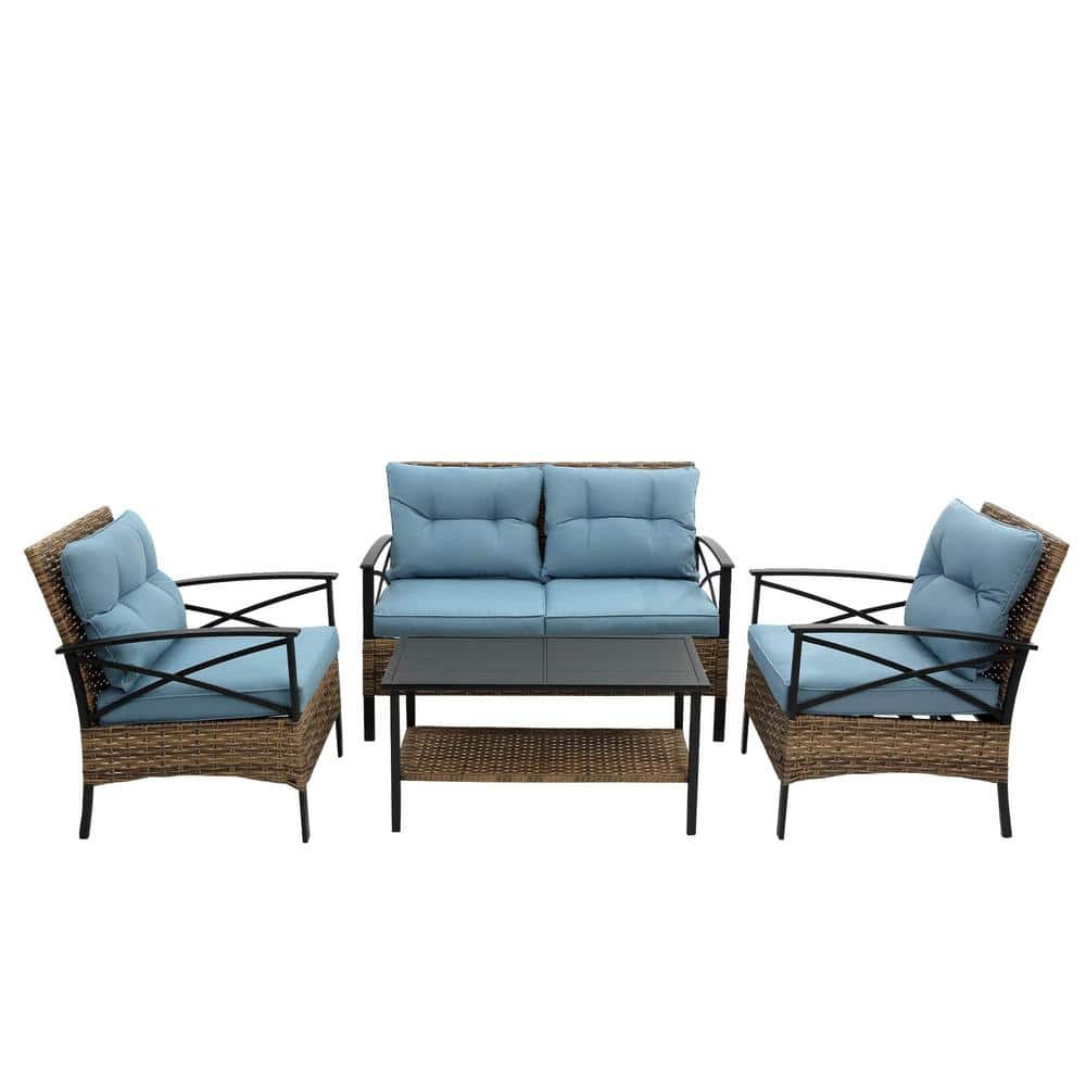 Rattan 4-Piece Patio Outdoor Wicker Sectional Low Dining Conversation Sofa 