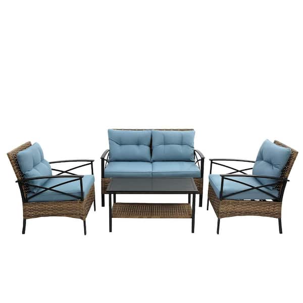 Unbranded Rattan 4-Piece Patio Outdoor Wicker Sectional Low Dining Conversation Sofa Set with Blue Cushions