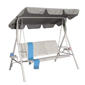 3-Person Grey Metal Outdoor Patio Swing Chair with Canopy