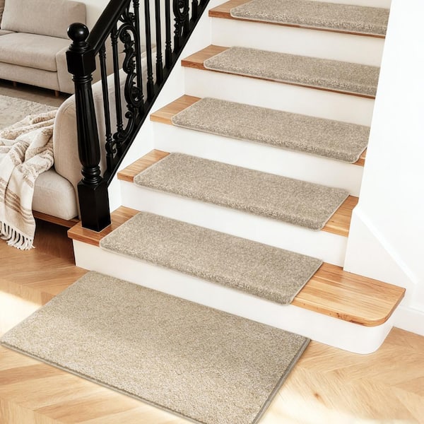 Cream Gray 9.5 in. x 30 in. x 1.2 in. Bullnose Polypropylene Non-slip Carpet Stair Tread Cover Landing Mat (Set of 15)