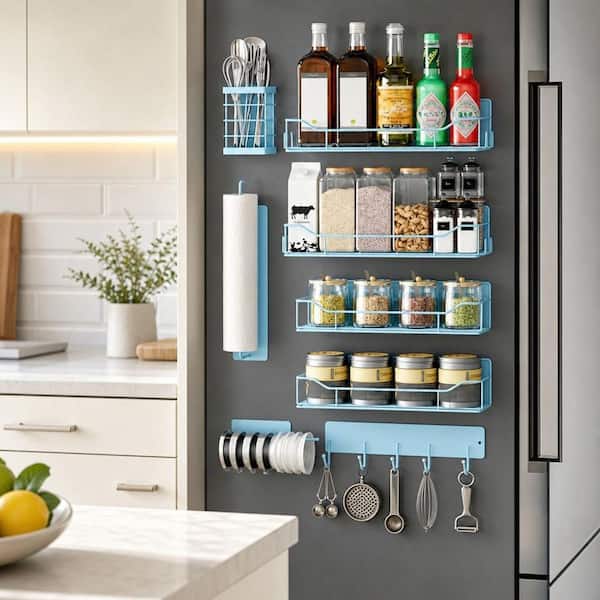 Magnetic Spice Rack for Refrigerator, 8 Pack Magnetic Fridge Shelf, Moveable Spice Rack Set, Blue
