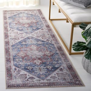 Tuscon Navy/Red 3 ft. x 8 ft. Machine Washable Border Distressed Runner Rug
