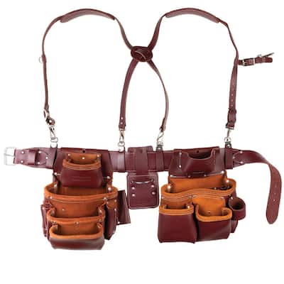 16 in. Brown Leather 15-Pocket Pro Framer's Combo Tool Pouch with Suspenders (5-Piece)