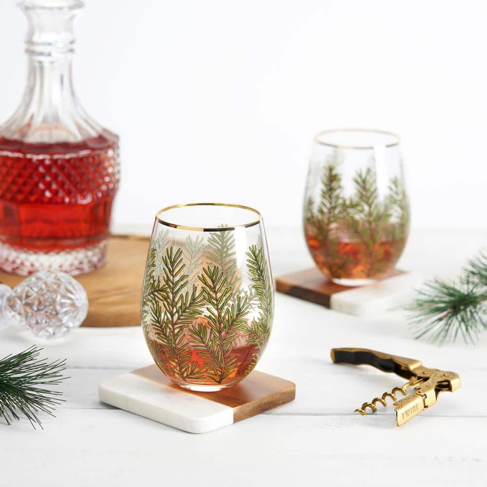 Winter Woodland Stemless Wine Glasses with Gold Rim, 16oz, Set of 2