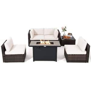 6-Piece Wicker Patio Conversation Set with 60,000 BTU Gas Fire Pit Table and Glass Coffee Table and White Cushions